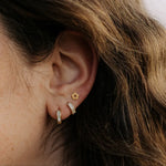 Close-up of an ear wearing gold hoop earrings with a star-shaped earring.