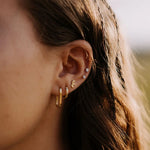 Close-up of an ear with gold hoop earrings and small stud earrings.