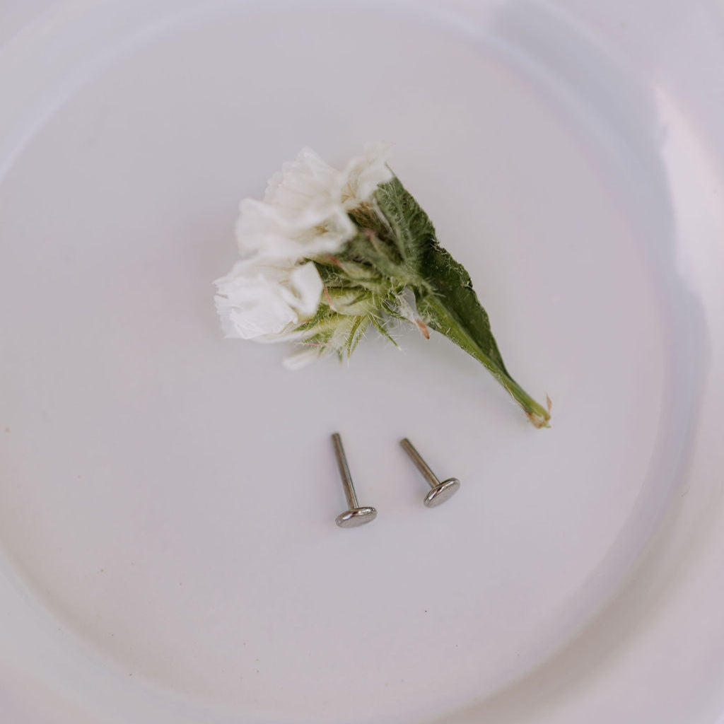 Small white flower and two pins on a white plate
