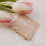 Jewelry card with earrings and pink tulips on a lace background, featuring 'MAUVE JEWELRY CO.'