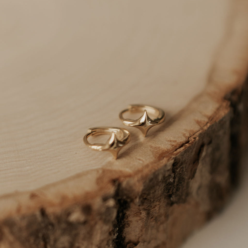 Gold earrings on a wooden surface