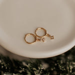 Gold hoop earrings with a small diamond on a beige plate with a green leafy background
