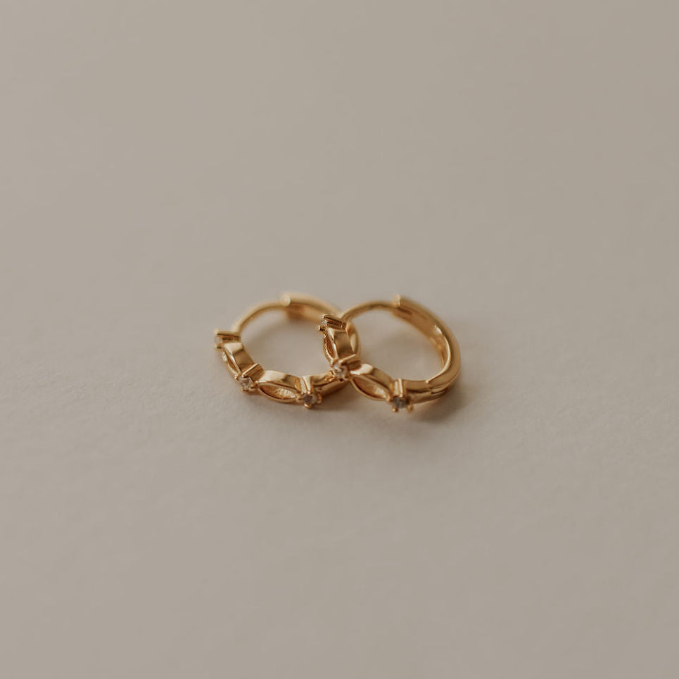 Pair of gold hoop earrings on a beige background