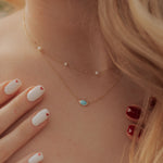 Load image into Gallery viewer, Close-up of a person wearing a delicate turquoise necklace with a blurred background
