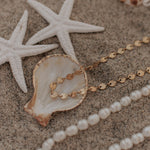 Pearl necklace and gold chain on sand with starfish and shells
