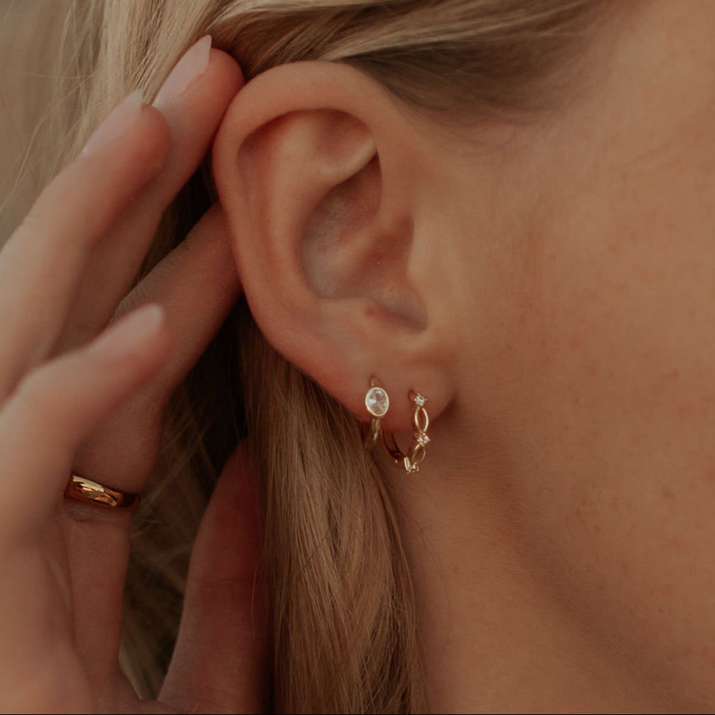Close-up of an ear with gold hoop earrings and a hand adjusting hair.