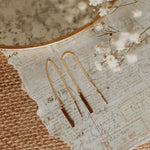 Gold earrings on a textured surface with flowers