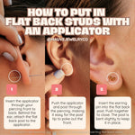 Load image into Gallery viewer, Step-by-step guide on how to put in flat back studs with an applicator, featuring close-up images of an ear and text instructions.
