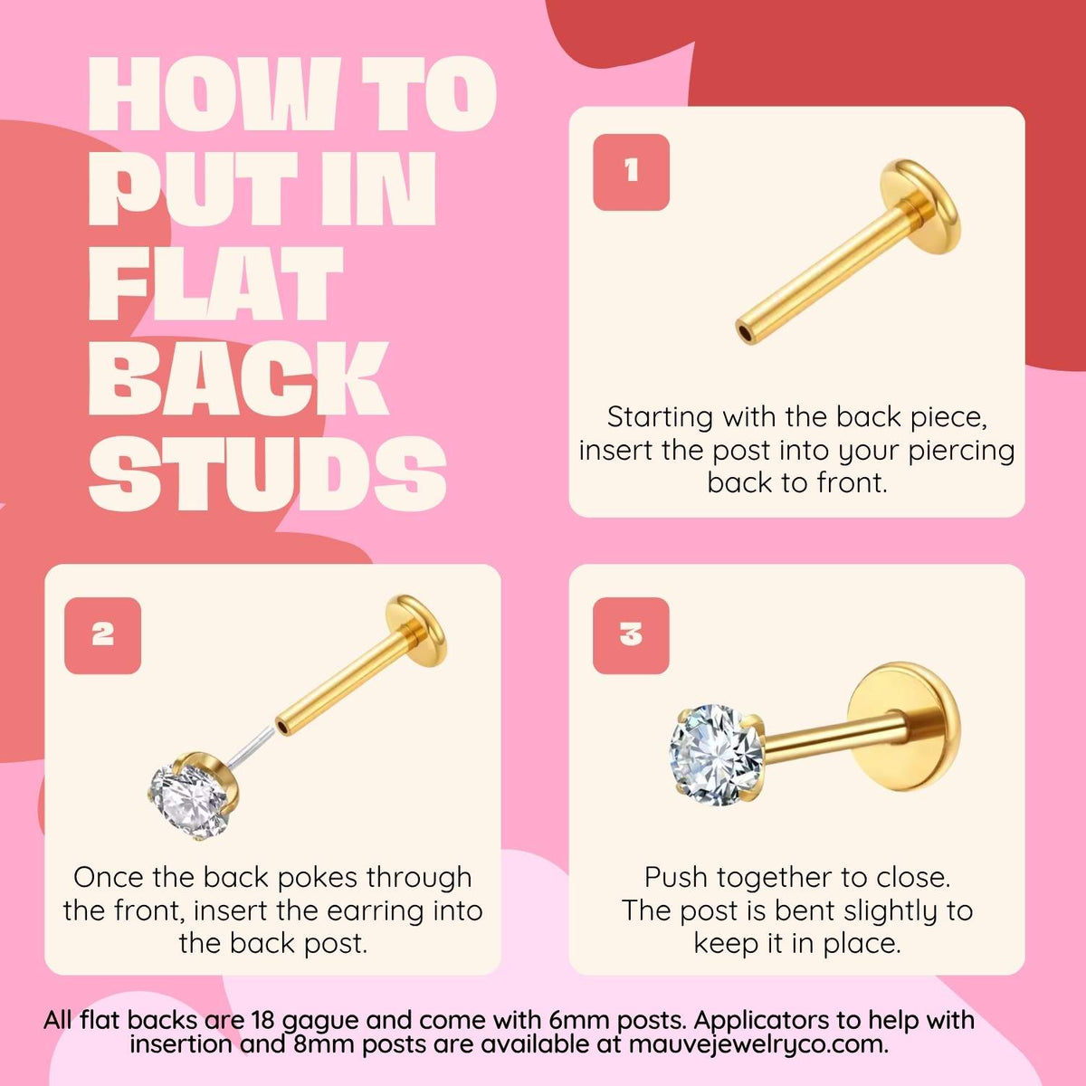 Step-by-step guide on how to put in flat back studs with illustrations and text on a pink background.