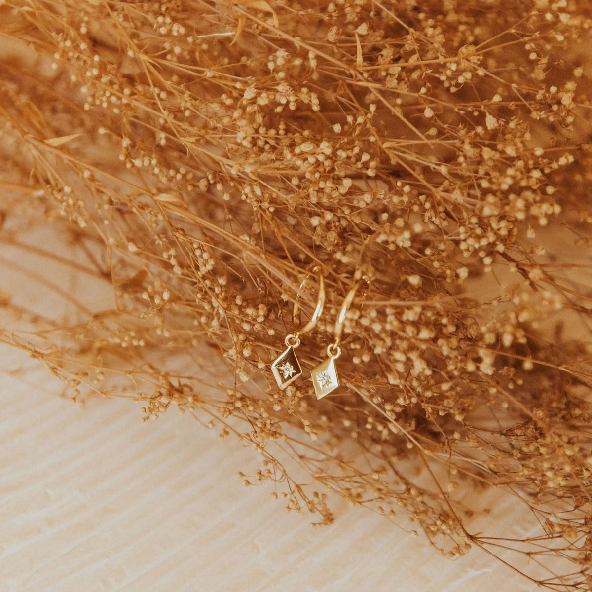 Gold earrings on a bed of dried flowers with a warm color tone.