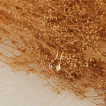 Gold earrings on a bed of dried flowers with a warm color tone.